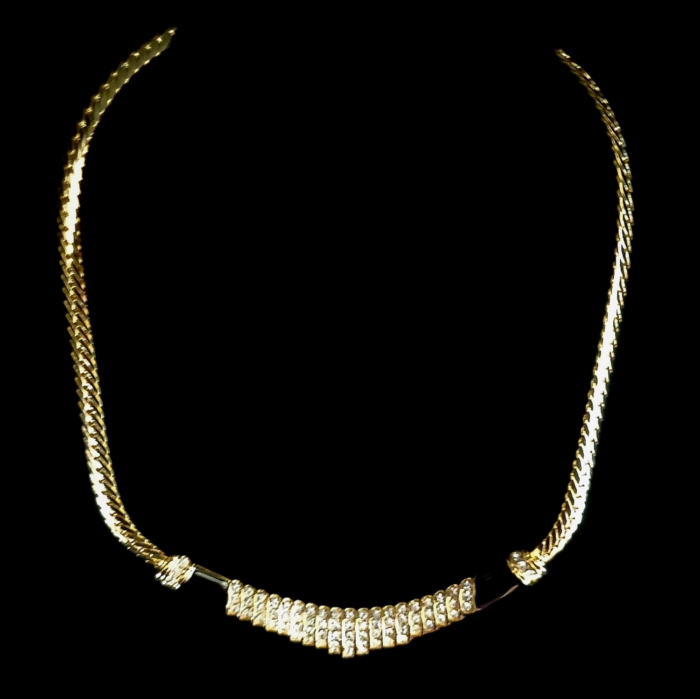 ParkLane Gold Tone Black Enamel and Rhinestone Necklace, Bib Choker, Herringbone